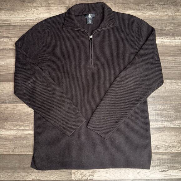 Calvin Klein 1/4 Zip Mock Neck Ribbed Pullover Sweater Men’s Brown Cotton Large - Picture 1 of 4